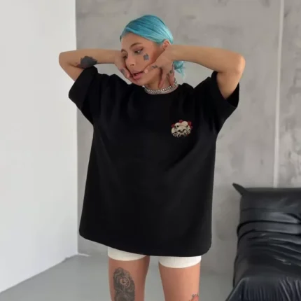 Unisex Bisiklet Yaka Baskılı Oversize TShirt Siyah