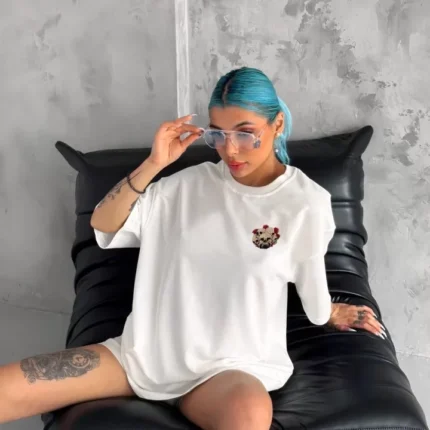 Unisex Bisiklet Yaka Baskılı Oversize TShirt Beyaz