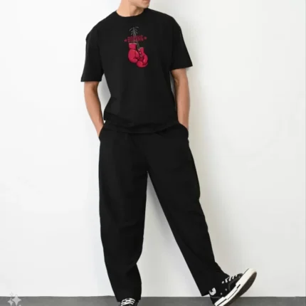 Unisex Bisiklet Yaka Baskılı Oversize TShirt Siyah