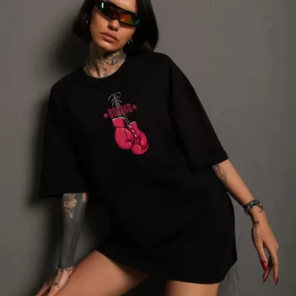 Unisex Bisiklet Yaka Baskılı Oversize TShirt Siyah