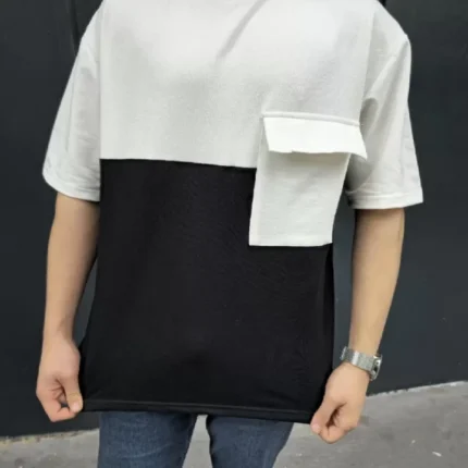 Unisex Torba Cep Detaylı Parçalı TShirt Siyah