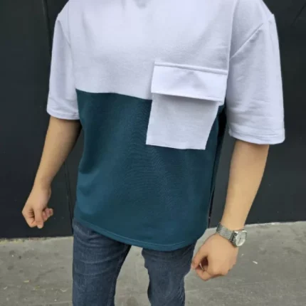 Unisex Torba Cep Detaylı Parçalı TShirt Lacivert