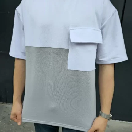 Unisex Torba Cep Detaylı Parçalı TShirt Gri