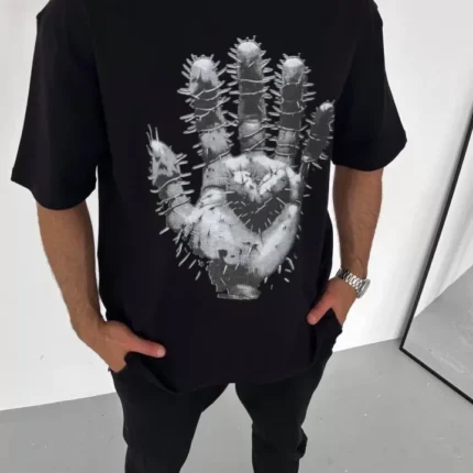 Unisex Bisiklet Yaka Baskılı Oversize TShirt Siyah