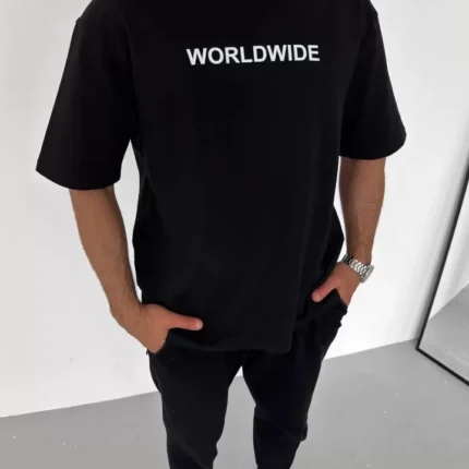Unisex Bisiklet Yaka Baskılı Oversize TShirt Siyah