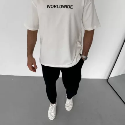 Unisex Bisiklet Yaka Baskılı Oversize TShirt Beyaz