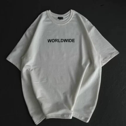 Unisex Bisiklet Yaka Baskılı Oversize TShirt Beyaz