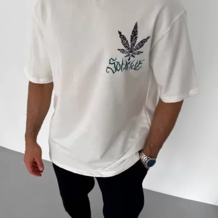 Unisex Bisiklet Yaka Baskılı Oversize TShirt Beyaz
