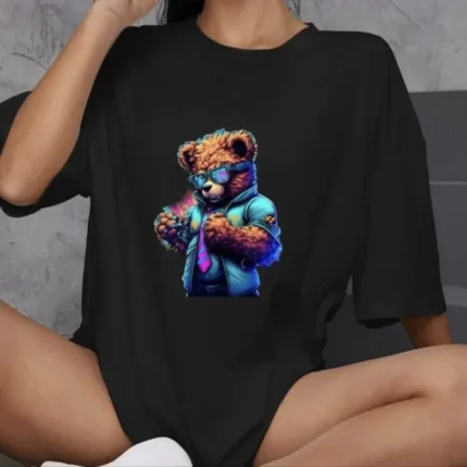 Unisex Bisiklet Yaka Baskılı Oversize TShirt Siyah
