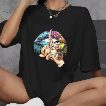 Unisex Bisiklet Yaka Baskılı Oversize TShirt Siyah