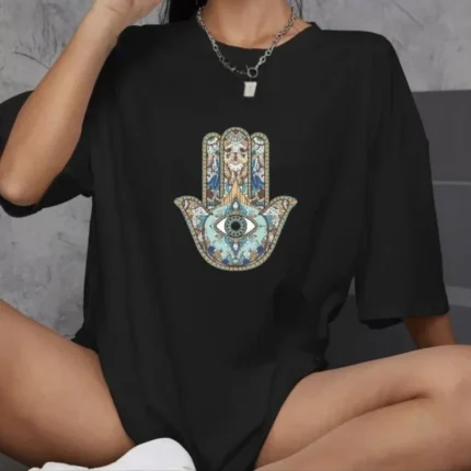 Unisex Bisiklet Yaka Baskılı Oversize TShirt Siyah