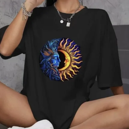 Unisex Bisiklet Yaka Baskılı Oversize TShirt Siyah