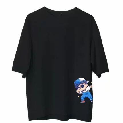 Unisex Bisiklet Yaka Baskılı Oversize TShirt Siyah