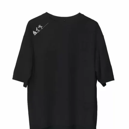 Unisex Bisiklet Yaka Baskılı Oversize TShirt Siyah