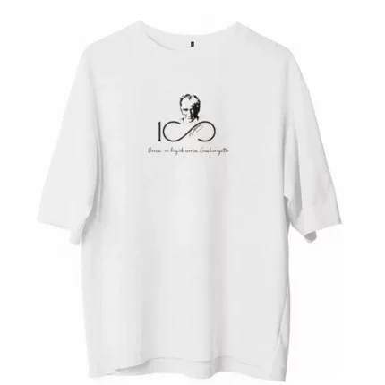 Unisex Bisiklet Yaka Baskılı Oversize TShirt Beyaz