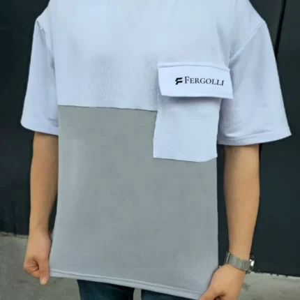 Unisex Torba Cep Detaylı  Parçalı TShirt Gri