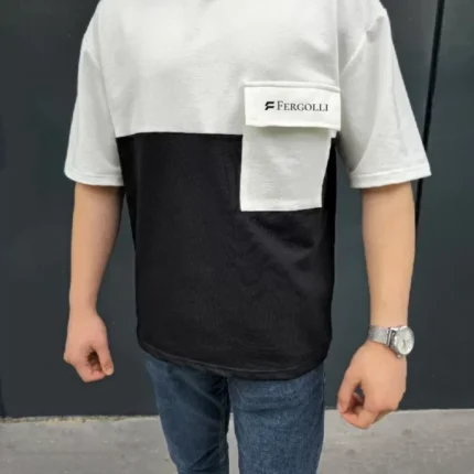 Unisex Torba Cep Detaylı  Parçalı TShirt Siyah