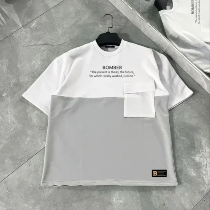 Unisex Torba Cep Detaylı  Parçalı TShirt Gri