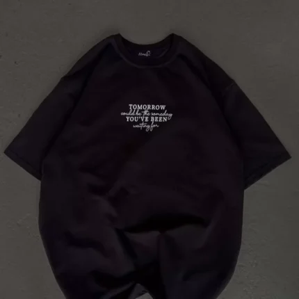 Unisex Bisiklet Yaka Baskılı Oversize TShirt Siyah