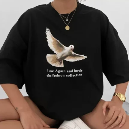 Unisex Bisiklet Yaka Baskılı Oversize TShirt Siyah