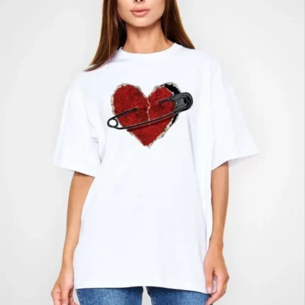 Unisex Bisiklet Yaka Baskılı Oversize TShirt Beyaz