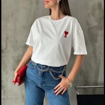 Unisex Bisiklet Yaka Baskılı Oversize TShirt Beyaz