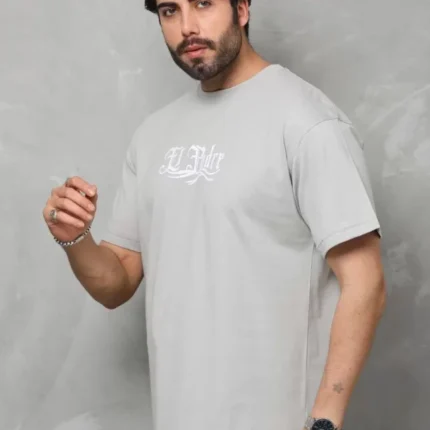 Unisex Bisiklet Yaka Baskılı Oversize TShirt Gri