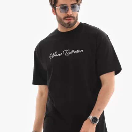 Unisex Bisiklet Yaka Baskılı Oversize TShirt Siyah