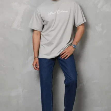 Unisex Bisiklet Yaka Baskılı Oversize TShirt Gri