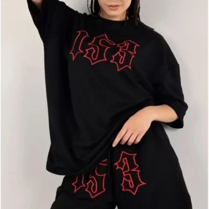Unisex Nakış İşlemeli Şort Takım Siyah