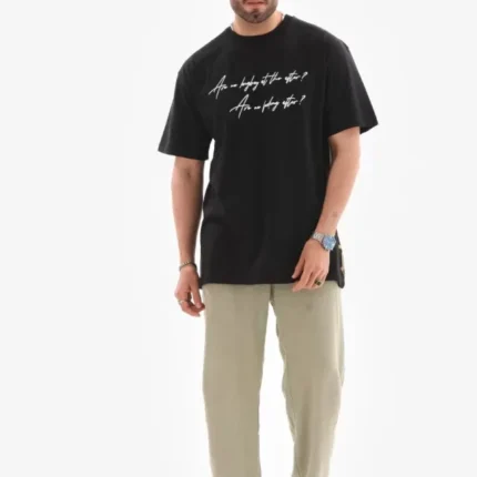 Unisex Bisiklet Yaka Baskılı Oversize TShirt Siyah