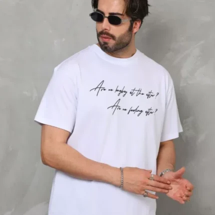 Unisex Bisiklet Yaka Baskılı Oversize TShirt Beyaz