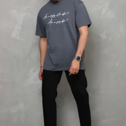 Unisex Bisiklet Yaka Baskılı Oversize TShirt Füme