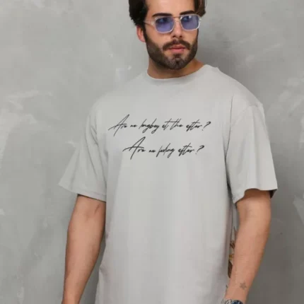 Unisex Bisiklet Yaka Baskılı Oversize TShirt Gri