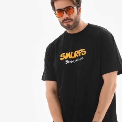 Unisex Bisiklet Yaka Baskılı Oversize TShirt Siyah
