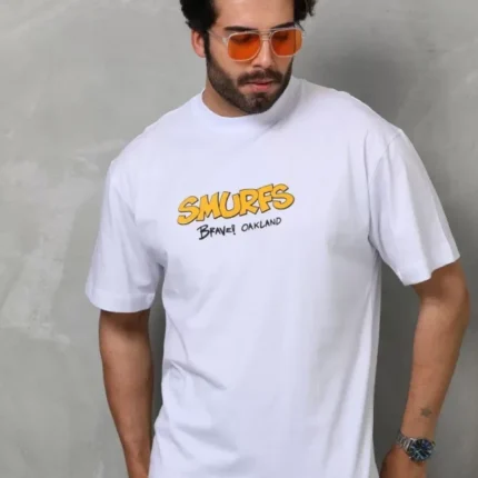 Unisex Bisiklet Yaka Baskılı Oversize TShirt Beyaz