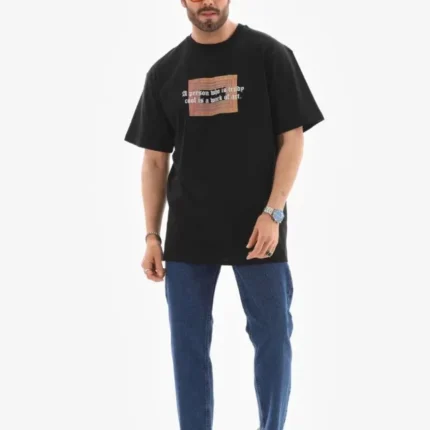 Unisex Bisiklet Yaka Baskılı Oversize TShirt Siyah