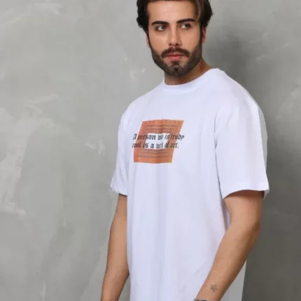Unisex Bisiklet Yaka Baskılı Oversize TShirt Beyaz