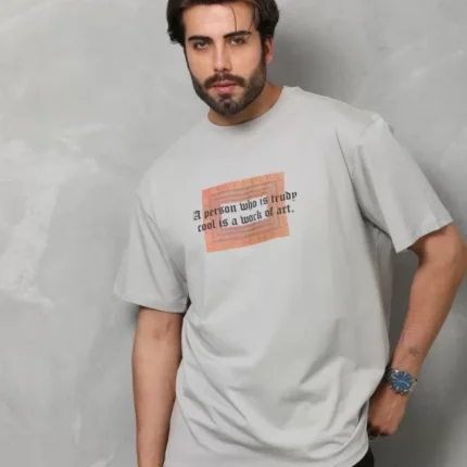 Unisex Bisiklet Yaka Baskılı Oversize TShirt Gri