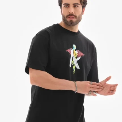 Unisex Bisiklet Yaka Baskılı Oversize TShirt Siyah