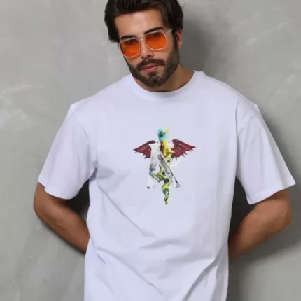 Unisex Bisiklet Yaka Baskılı Oversize TShirt Beyaz