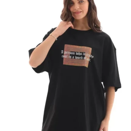 Unisex Bisiklet Yaka Baskılı Oversize TShirt Siyah