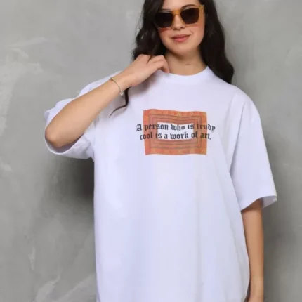 Unisex Bisiklet Yaka Baskılı Oversize TShirt Beyaz
