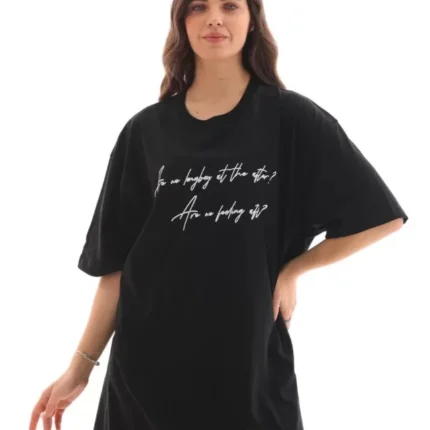 Unisex Bisiklet Yaka Baskılı Oversize TShirt Siyah