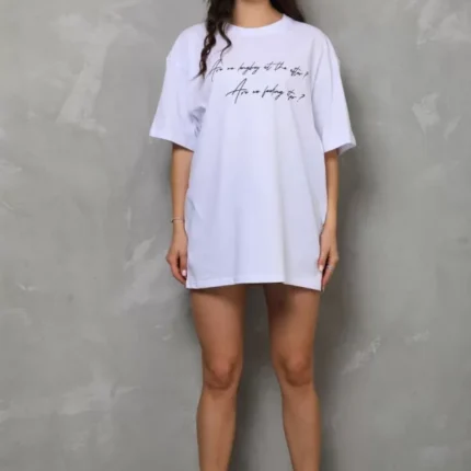 Unisex Bisiklet Yaka Baskılı Oversize TShirt Beyaz