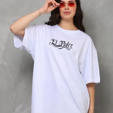 Unisex Bisiklet Yaka Baskılı Oversize TShirt Beyaz