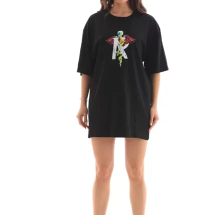Unisex Bisiklet Yaka Baskılı Oversize TShirt Siyah