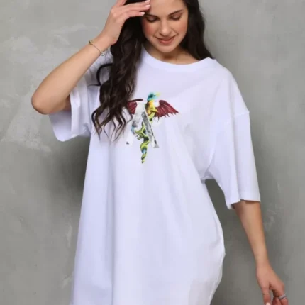 Unisex Bisiklet Yaka Baskılı Oversize TShirt Beyaz