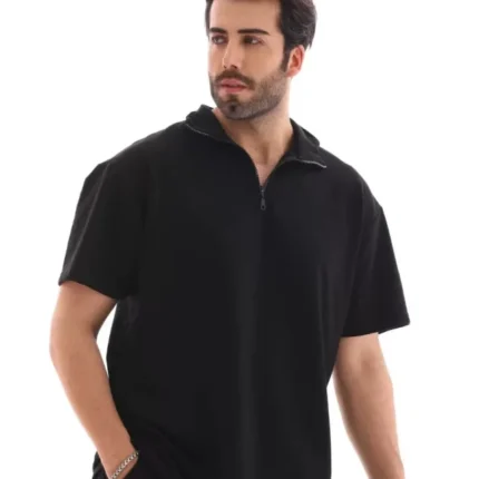 Unisex Yarım Fermuarlı Düz Oversize Tshirt Siyah