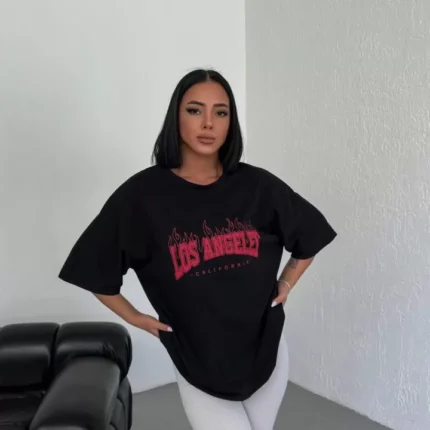 Unisex Bisiklet Yaka Baskılı Oversize TShirt Siyah